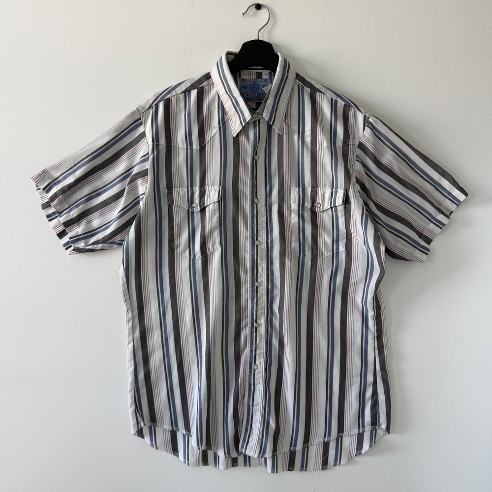 American Hero Mens Large Short Sleeve Vintage Western Pearl Snap Striped Shirt
